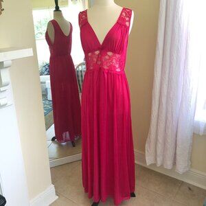 Dark Pink Sheer Lace Nightgown Size M Deep V-Neck Lingerie NWT